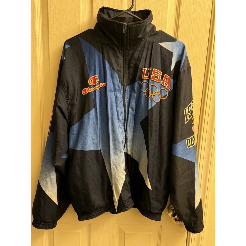 USA 1996 OLYMPIC GAMES ATLANTA ALL OVER PRINT JACKET WINDBREAKER CHAMPION Large - Picture 1 of 9